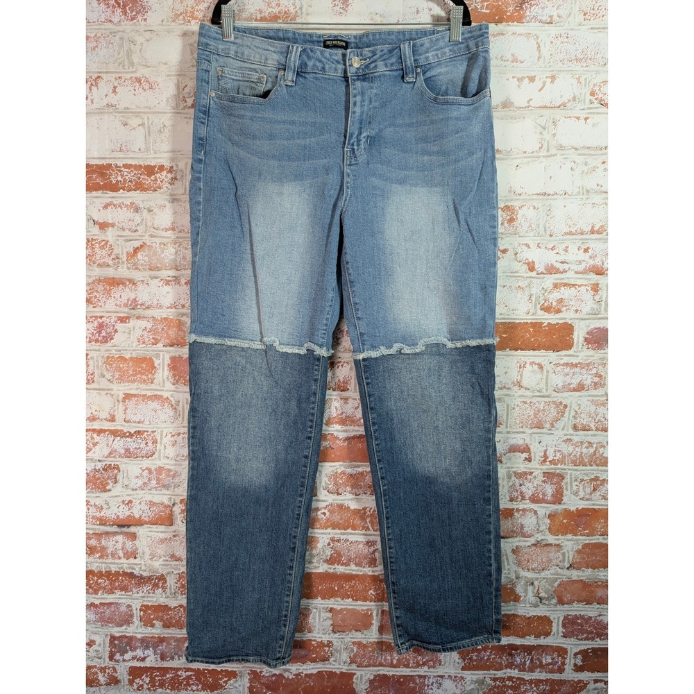 True Religion Two Tone Straight Leg Jeans Womens 31 Blue Colorblock Raw Seam